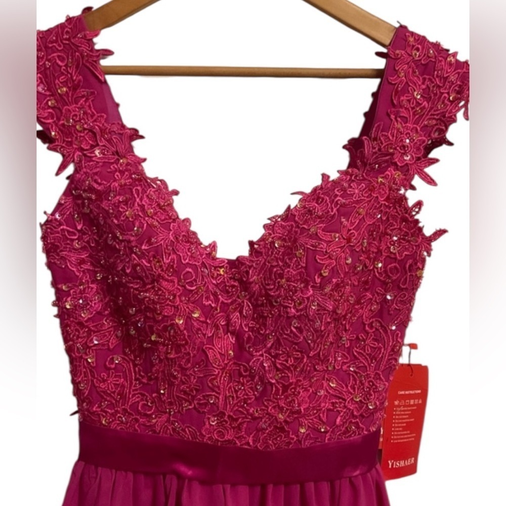 YISHAER Burgundy Floral Lace Appliqué Prom Evening Gown Dress Size 4 - Picture 2 of 9